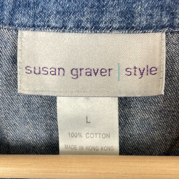 Susan Graver Denim Button Down Floral Short Sleeve Blouse Womens L 1 Pocket - Picture 8 of 8